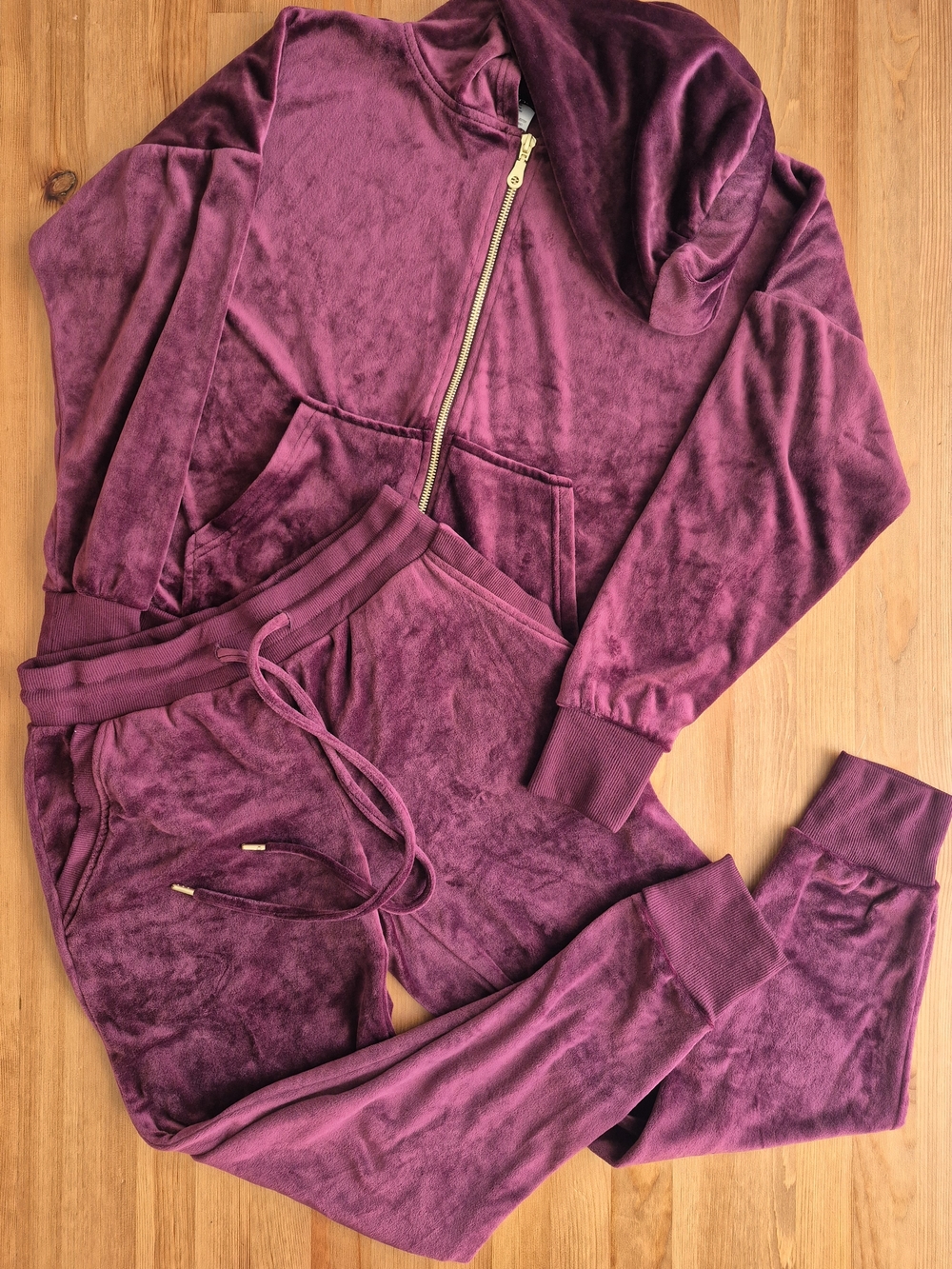 Felina Wine Velour Hoodie & Jogger Set with Gold Zipper